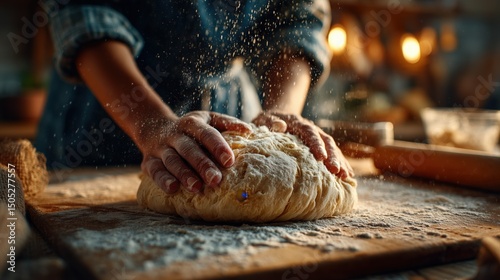 Close-up of young woman hands kneading light beige dough covered in white flour, with flour dusting the surface