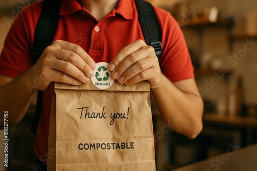 Eco-friendly delivery: food delivery worker in red shirt holding recyclable paper compostable package bag
