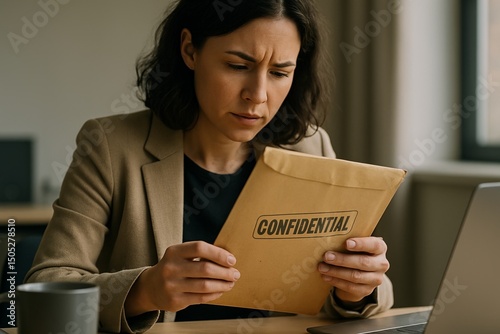 Concerned businesswoman examining confidential envelope in office setting