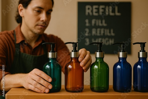 Man arranging colorful refillable bottles at eco-friendly store counter