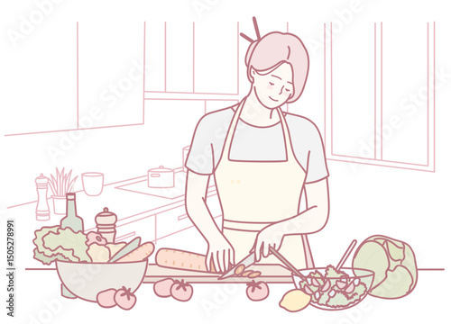 An exceptionally focused individual skillfully chopping fresh vegetables in a cozy and inviting kitchen environment