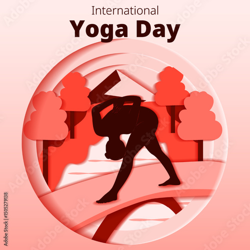 International Yoga Day. Square template. Parshvottanasana pose. Pyramid pose. Paper cut design. Isolated vector illustration
