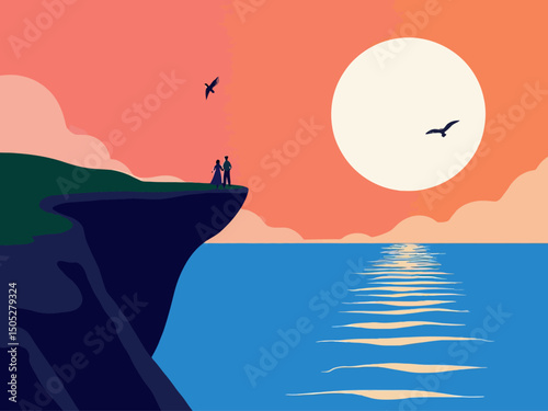 easide cliff, couple looking at sea from the cliff, swallows flying around, sun setting