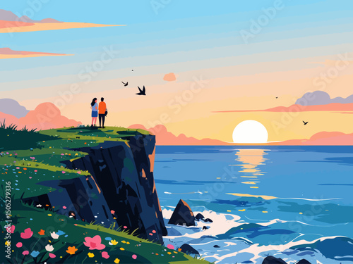 easide cliff, couple looking at sea from the cliff, swallows flying around, sun setting
