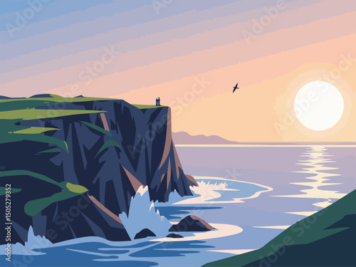 easide cliff, couple looking at sea from the cliff, swallows flying around, sun setting