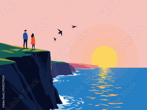 easide cliff, couple looking at sea from the cliff, swallows flying around, sun setting