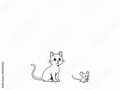 black and white no color Coloring book,The friendly cat and mouse,thick line,low detail,no shading