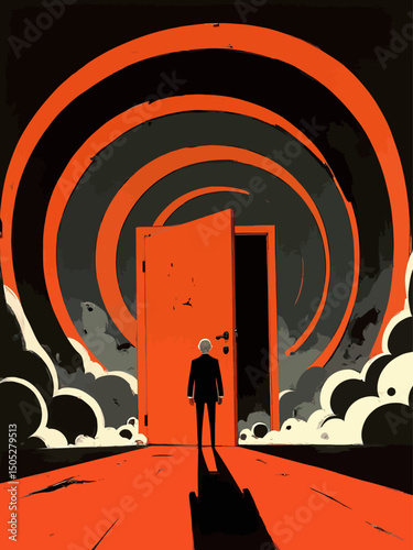 A surreal and dramatic spiral background resembling vector illustration , with an old man standing at the center of the spiral looking at an open door 