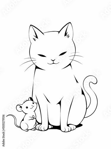 black and white no color Coloring book,The friendly cat and mouse,thick line,low detail,no shading