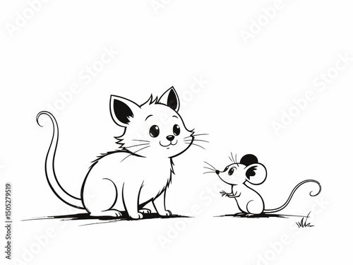 black and white no color Coloring book,The friendly cat and mouse,thick line,low detail,no shading