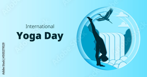International Yoga Day. Horizontal template. Urdhva Prasarita Eka Padasana pose. Standing Splits pose. Paper cut design. Isolated vector illustration.