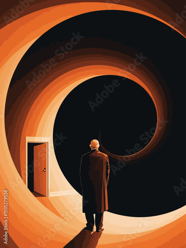 A surreal and dramatic spiral background resembling vector illustration , with an old man standing at the center of the spiral looking at an open door 