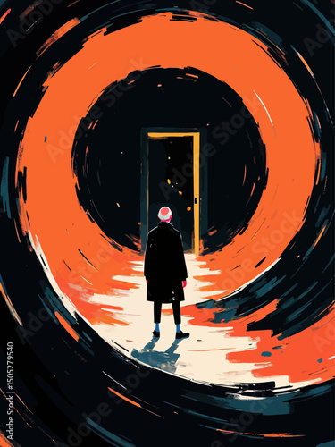 A surreal and dramatic spiral background resembling vector illustration , with an old man standing at the center of the spiral looking at an open door 