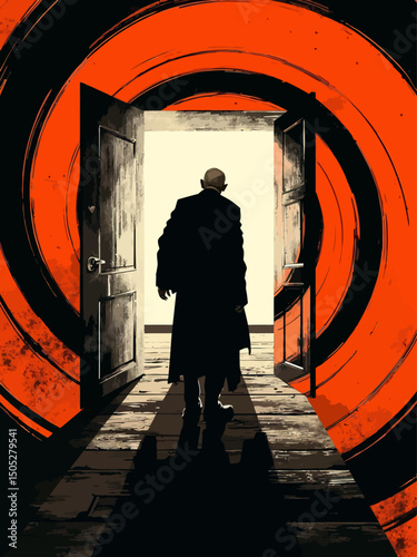 A surreal and dramatic spiral background resembling vector illustration , with an old man standing at the center of the spiral looking at an open door 