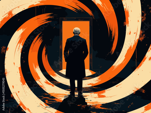 A surreal and dramatic spiral background resembling vector illustration , with an old man standing at the center of the spiral looking at an open door 