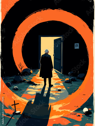 A surreal and dramatic spiral background resembling vector illustration , with an old man standing at the center of the spiral looking at an open door 