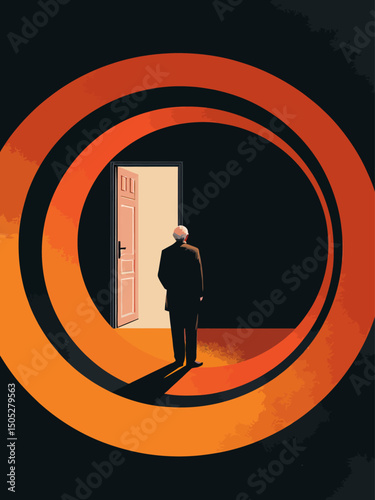 A surreal and dramatic spiral background resembling vector illustration , with an old man standing at the center of the spiral looking at an open door 