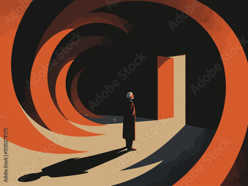 A surreal and dramatic spiral background resembling vector illustration , with an old man standing at the center of the spiral looking at an open door 