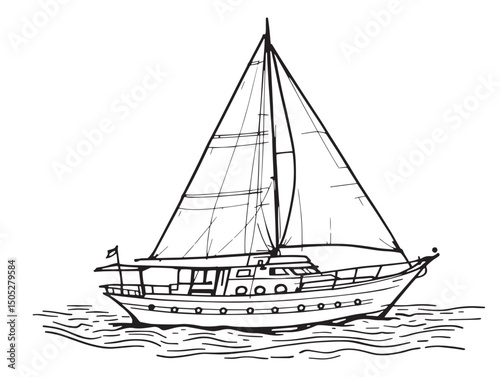 Yacht line art illustration for sea travel design