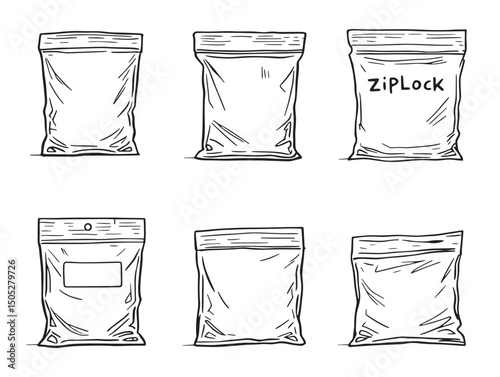 ziplock bags line art hand drawn storage icons
