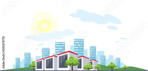 Clean electric energy concept. Renewable electricity resource from solar panels. Ecological change of the future. City skyline and nature landscape on background