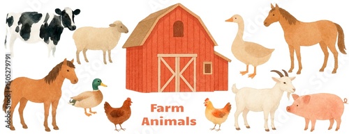 Принти на полотні Freehand set minimalistic watercolor illustration of a farm animals, cow, chicken,  pig, horse; goose; duck isolated on a white background