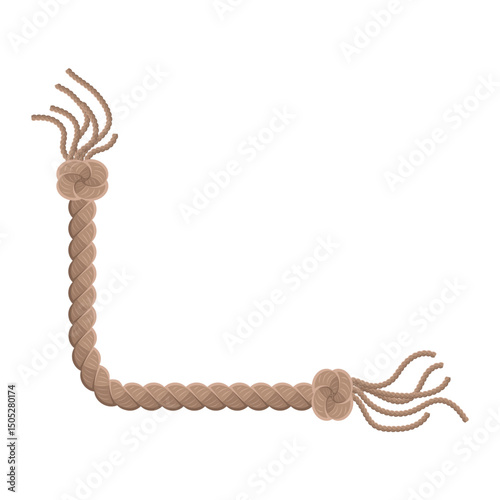 Hanging rope with tassel and node. Knitted nautical thread or marine vertical fiber. Textile tassel hang at rope isolated on white background. Vector illustration