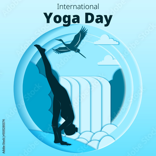 International Yoga Day. Square template. Urdhva Prasarita Eka Padasana pose. Standing Splits pose. Paper cut design. Isolated vector illustration