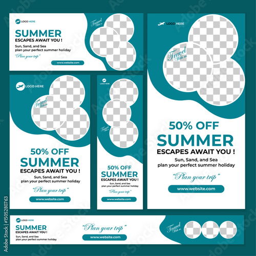 Set of Creative Travel Web Banners of Standard Size Square, Horizontal and Vertical with a Place for Photos, Vector Template.