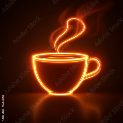 Neon coffee cup with steam, glowing in warm tones.