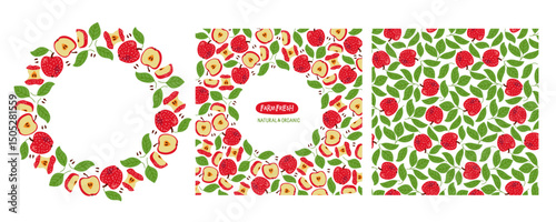 Apple Packaging Design Set. Apple fruits and leaves. Red Green borders and seamless pattern, organic farm food. Hand drawn summer vector illustration for packaging, advertising, poster template. Farm