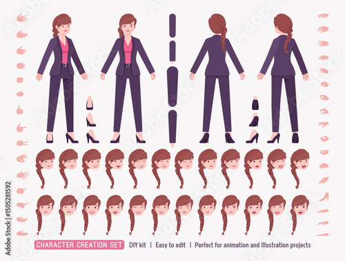 Office businesswoman, braid hairstyle long hair DIY character creation set, woman elegant blazer pant suit, body figure parts. Head, leg, hand gestures, emotions, construction kit. Vector illustration