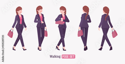Office businesswoman, braid hairstyle long hair walk pose set, blazer pants suit. Business lady elegant pantsuit style, work, formal meeting, job interview. Vector flat style cartoon illustration