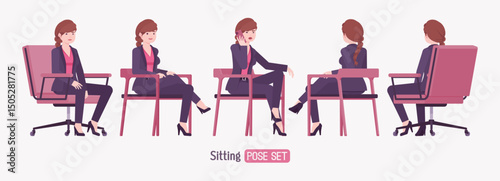 Office businesswoman, braid hairstyle long hair sitting pose set, blazer pants suit. Business lady elegant pantsuit style, work, formal meeting, job interview. Vector flat style cartoon illustration