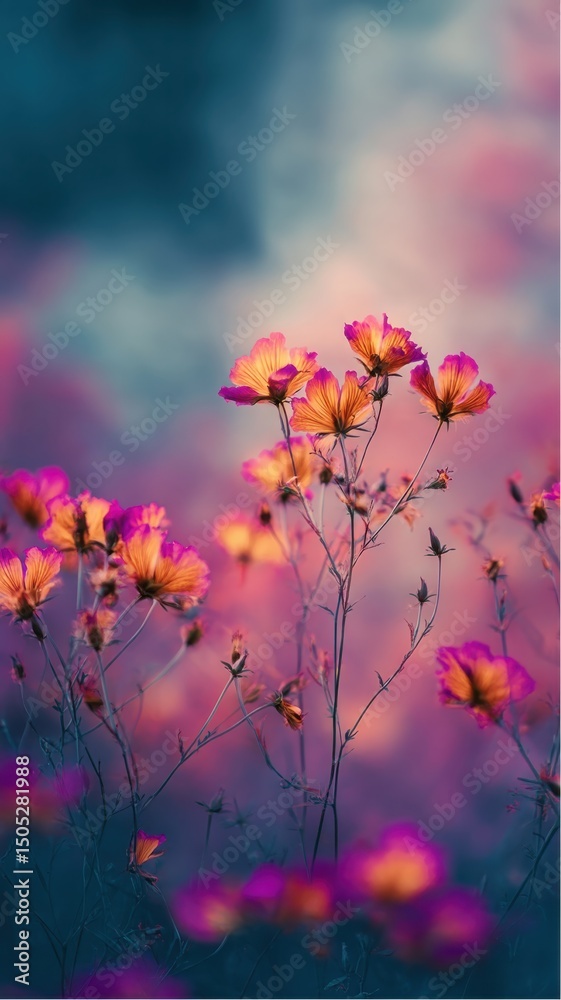 Obraz premium Blossoming cosmos flowers in a field during dusk at Summer in Golden Hour
