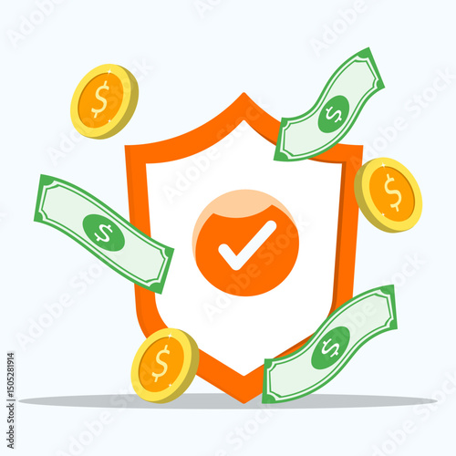 Protect money safety concept. Dollar money and coin with big icon of shield guard. Financial symbol closed or withheld. Safe cash protection idea.