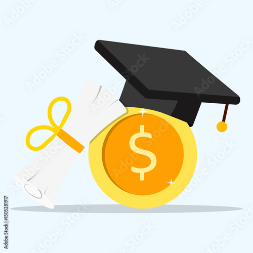 Investment in education concept. Graduate's cap, money coin and certificate diploma or bachelor degree. Concept of saving money for scholarship.