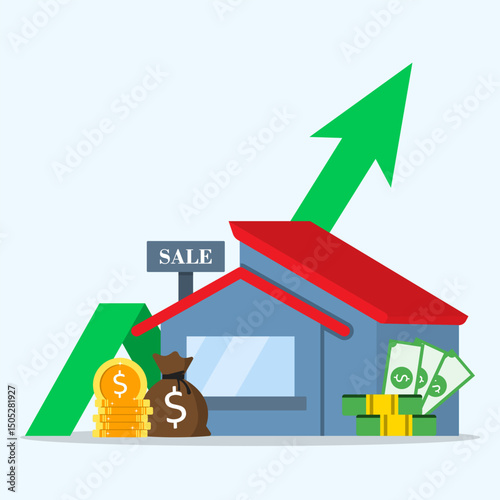 Housing price of sale rising up with arrow up. Real estate or property growth concept. Profitable residential property investment.