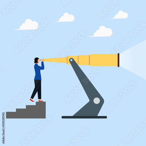 Businesswoman looking through big telescope to see future or see to finding opportunity. Looking to finding way for goal or succes concept.