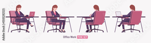 Office businesswoman, braid hairstyle long hair desk sit pose set, blazer pants suit. Business lady elegant pantsuit style, work, formal meeting, job interview. Vector flat style cartoon illustration