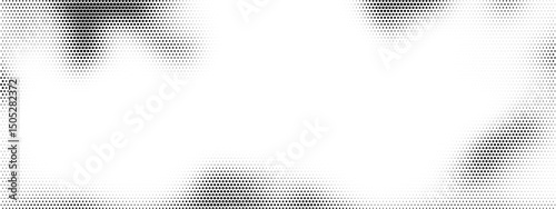 Hexagon honeycomb pattern fades in halftone gradient background design. Geometric vector texture with abstract hex shapes and digital dots. Technology style wallpaper retro wave curves and pixel grid.