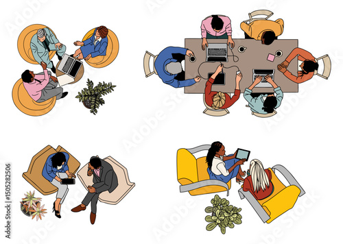 Flat vector set of business scenes top view. Team meetings, brainstorming, teamwork, lounge zone. Colorful sketch-style illustrations. Ideal for presentations and infographics