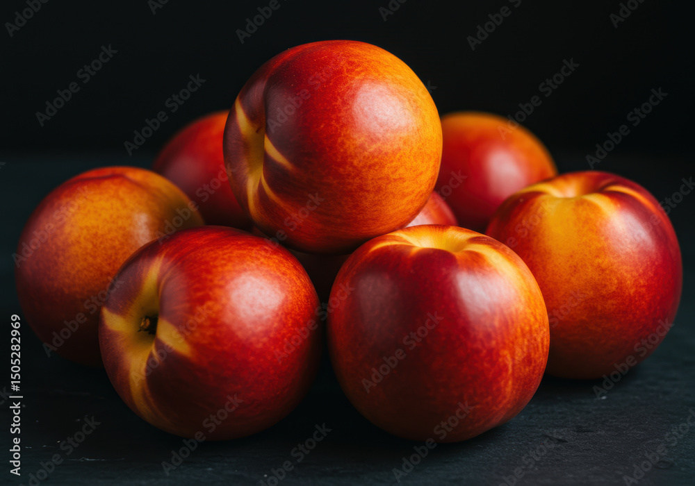 A pile of fresh, ripe nectarines against a dark background. A pile of fresh, ripe nectarines against a dark background.