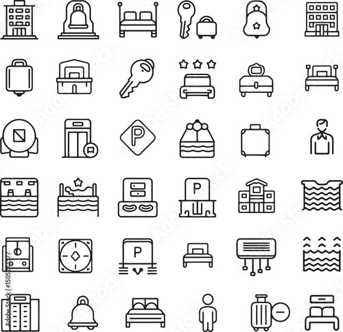 hotel icons in line style set. accommodation, service, travel, booking vector illustration