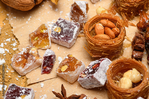 Sweet food Turkish delight on wooden background, assorted locum and candy for decorated backdrop
