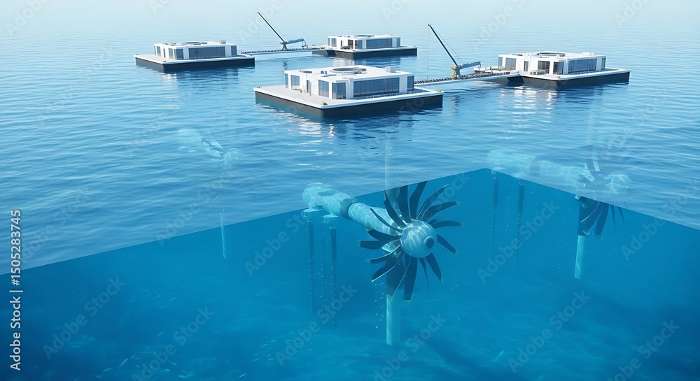 Fototapeta premium Floating modern houses with underwater turbine power generation in the ocean
