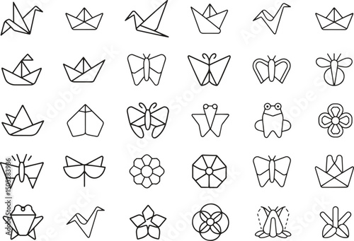 origami icons in line style set. paper folding, art, craft, decoration vector illustration