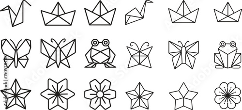 origami icons in line style set. paper folding, art, craft, decoration vector illustration