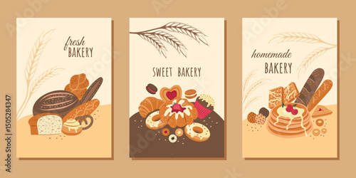 A set of modern minimalistic posters with fresh homemade bakery, dessert and inscriptions. Vector design for posters, backgrounds, postcards and more.