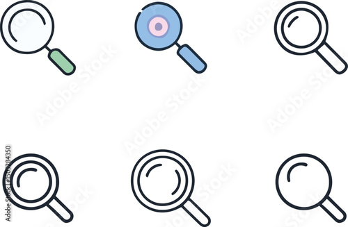 Search Icons Line Style Set – Magnifying Glass, Find, Research, and Explore Editable Vector Illustration